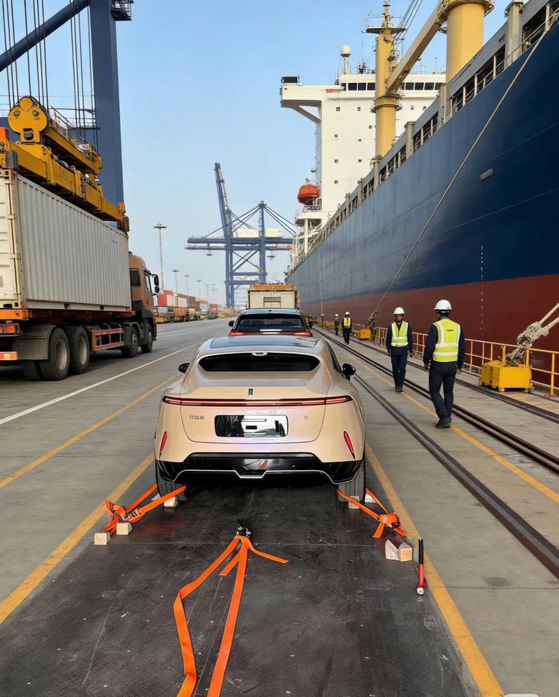 Vehicle lashed with straps at a port terminal